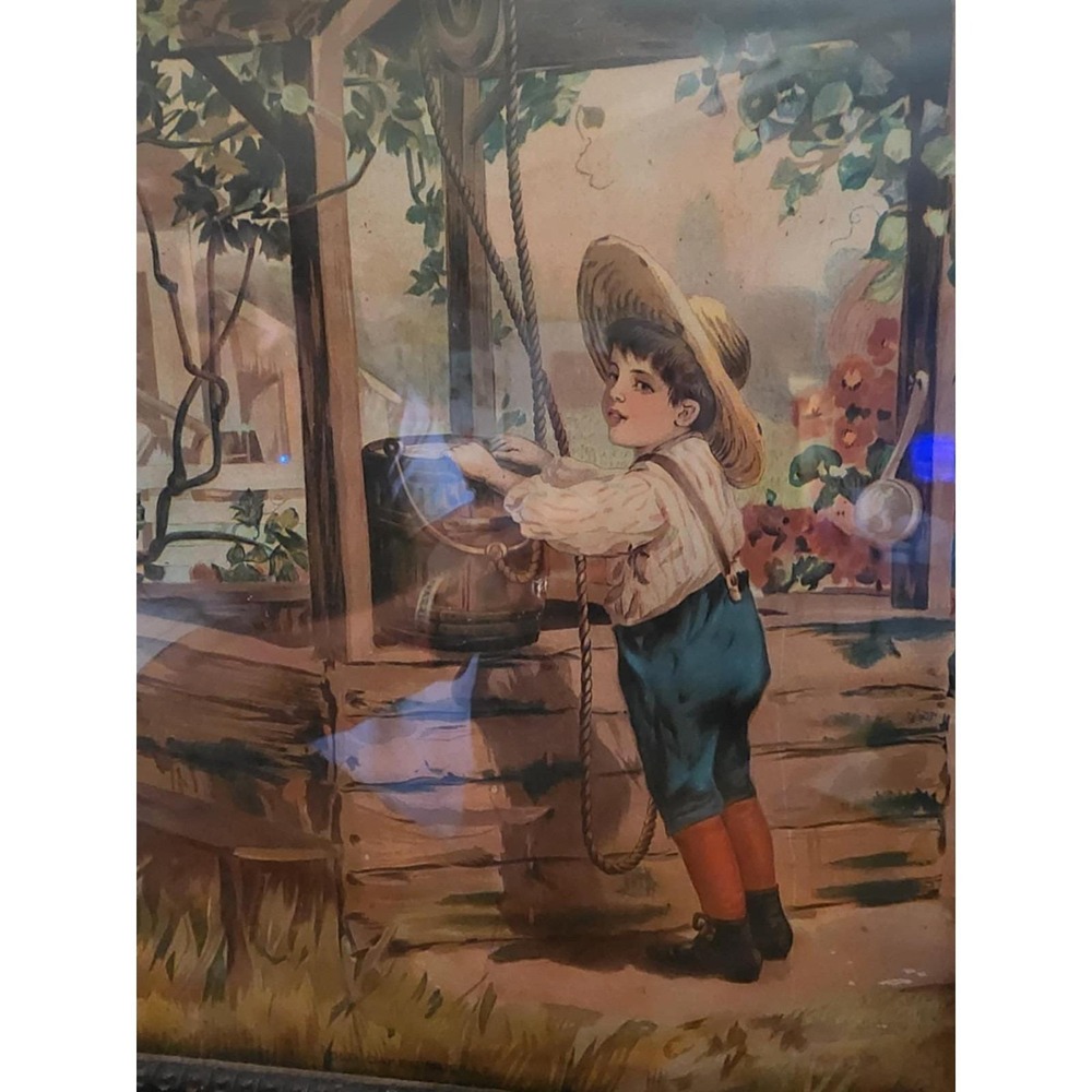 Antique Wood Framed Victorian Lithograph Print "OLD OAKEN BUCKET" Boy at Well - Picture 5 of 9